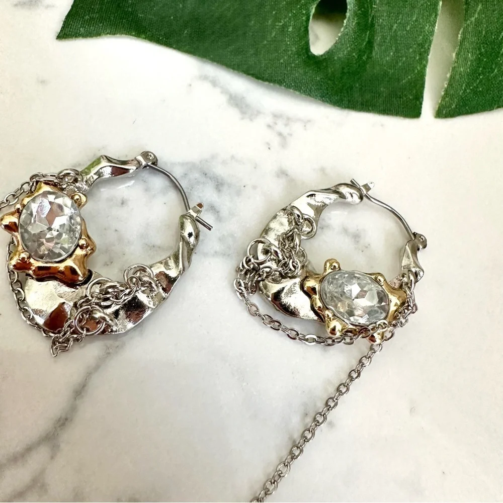 Silver & Gold Hoop Earrings Rhinestone Chain Wrapped Tassel Jewelry Gift NEW